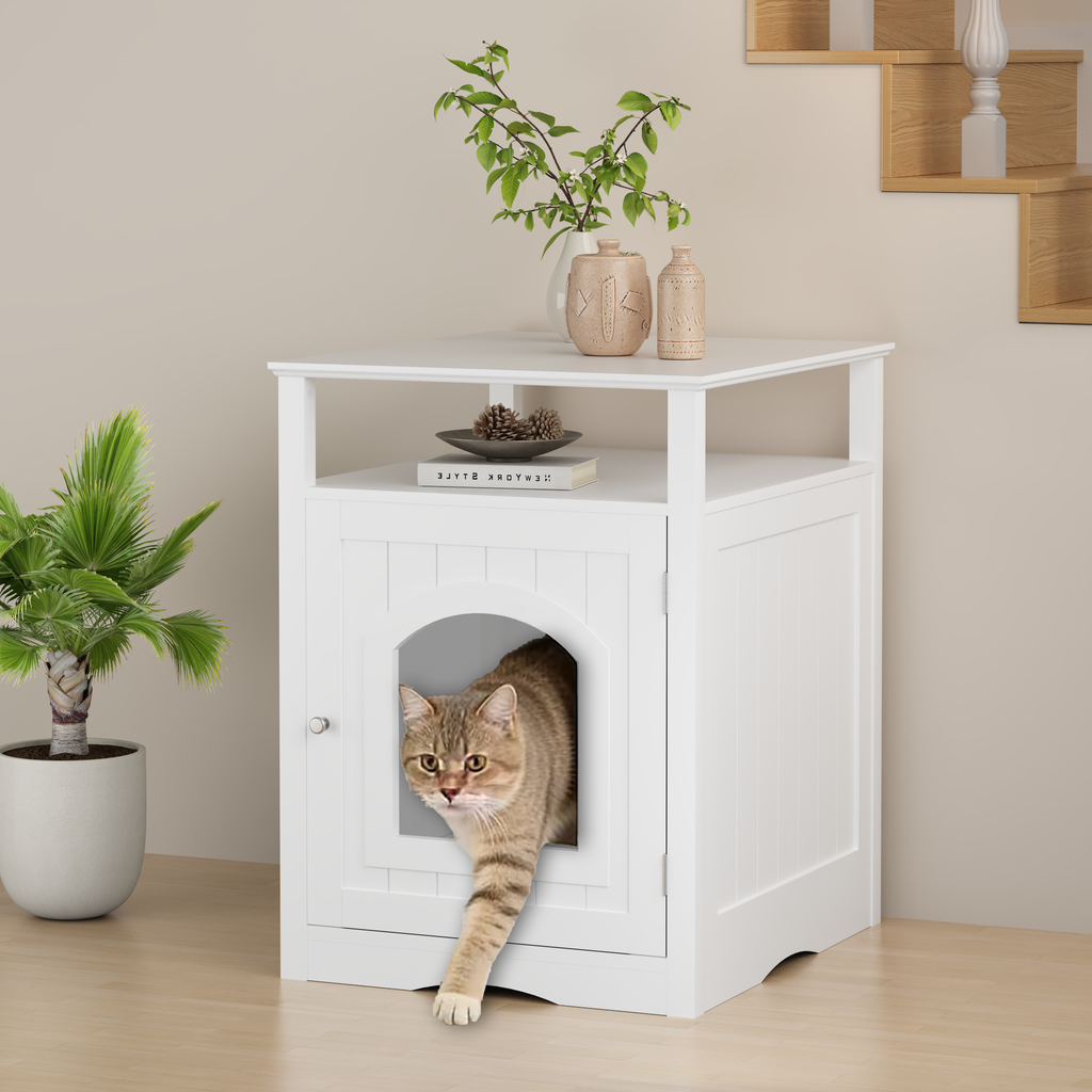 Cat Litter Box Enclosure Furniture, Indoor Wooden Cat House With Enclosed Cabinet, Hidden Litter Box Furniture With Storage Shelf, Modern Cat Condo Side Table For Living Room Or Bedroom White