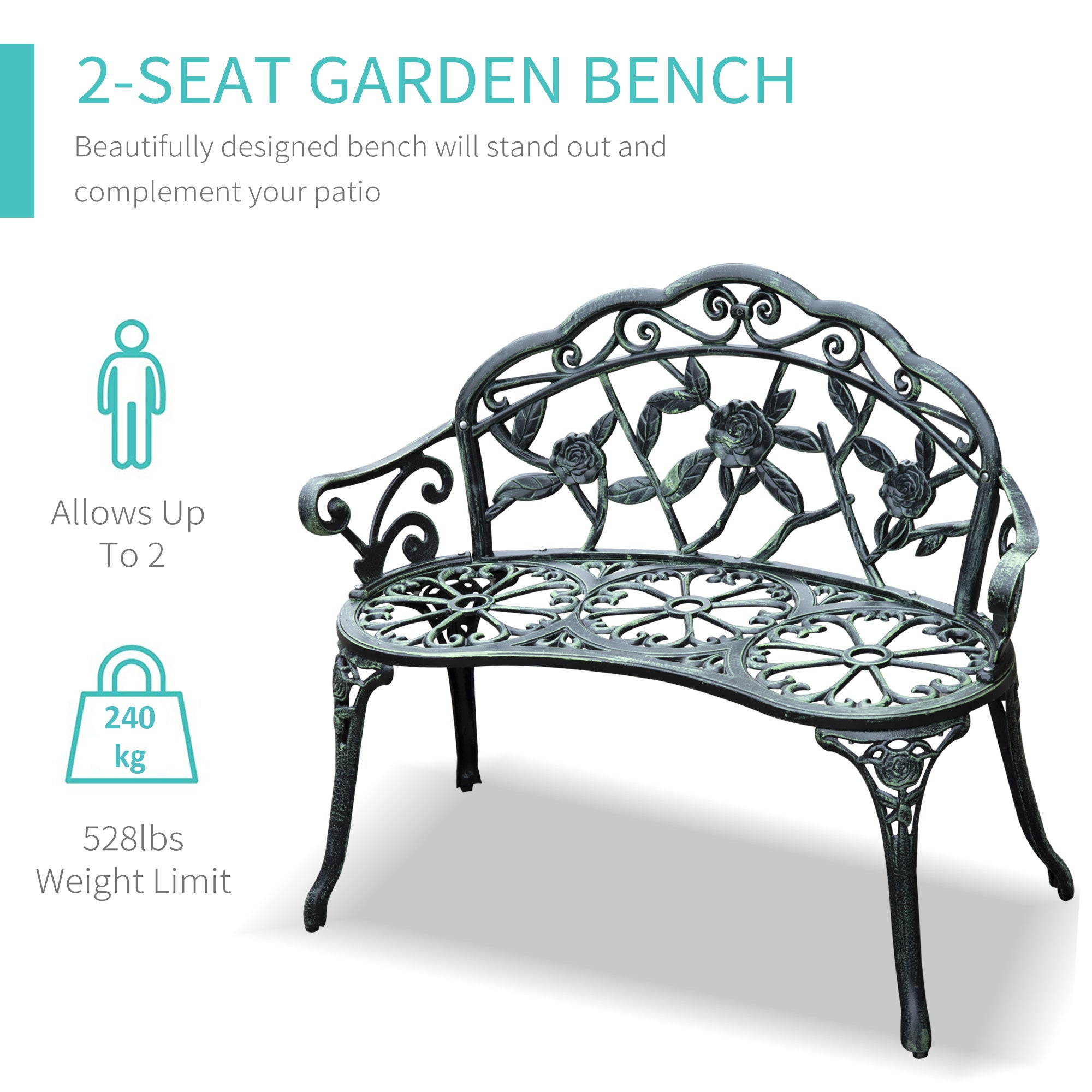 Outdoor Bench, Cast Aluminum Outdoor Furniture, Metal Bench With Floral Rose Accent & Antique Finish, Green