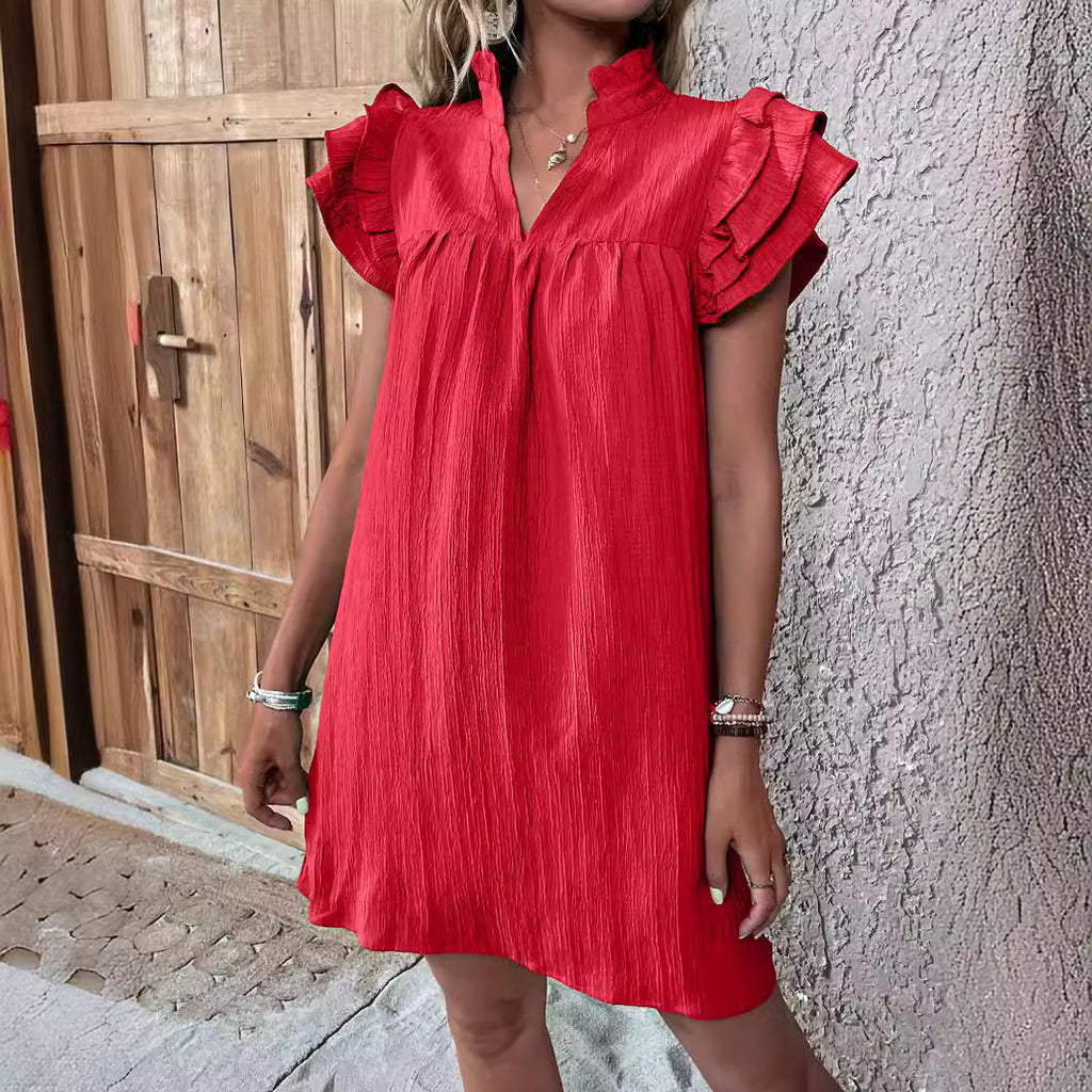Casual Women's Multi-layer Ruffle Sleeve V-neck Dress Summer Fashion Versatile Multi-layer Lotus Leaf Sleeve V-Neck Pullover Dresses