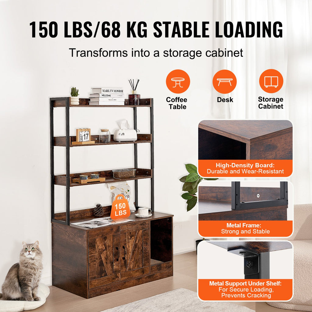 Cat Litter Box Enclosure Wooden Litter Box Furniture Hidden With 3 Shelves