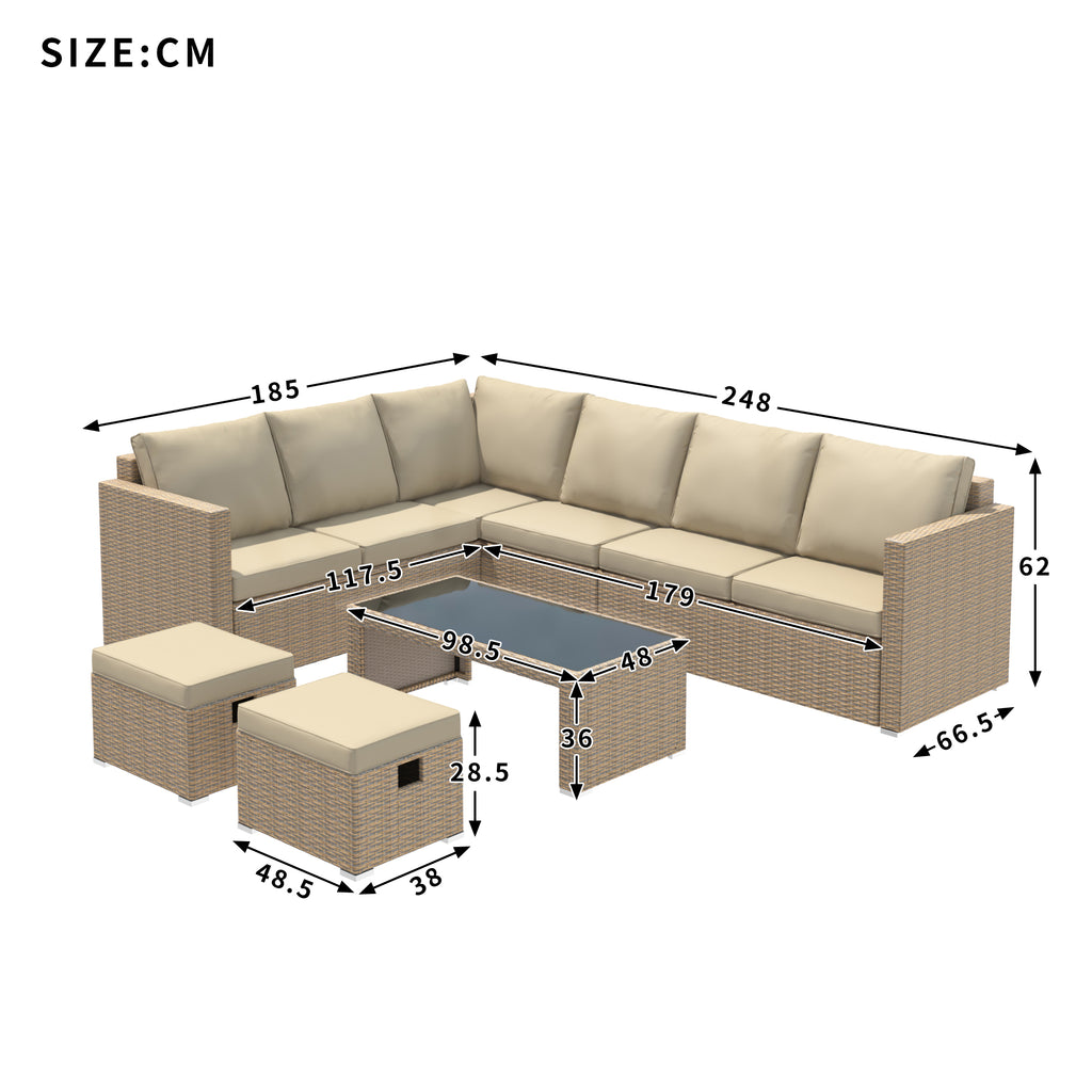 Garden Corner Sofa Set Rattan Sofa Outdoor Furniture With Coffee Table 2 Stools,Khaki
