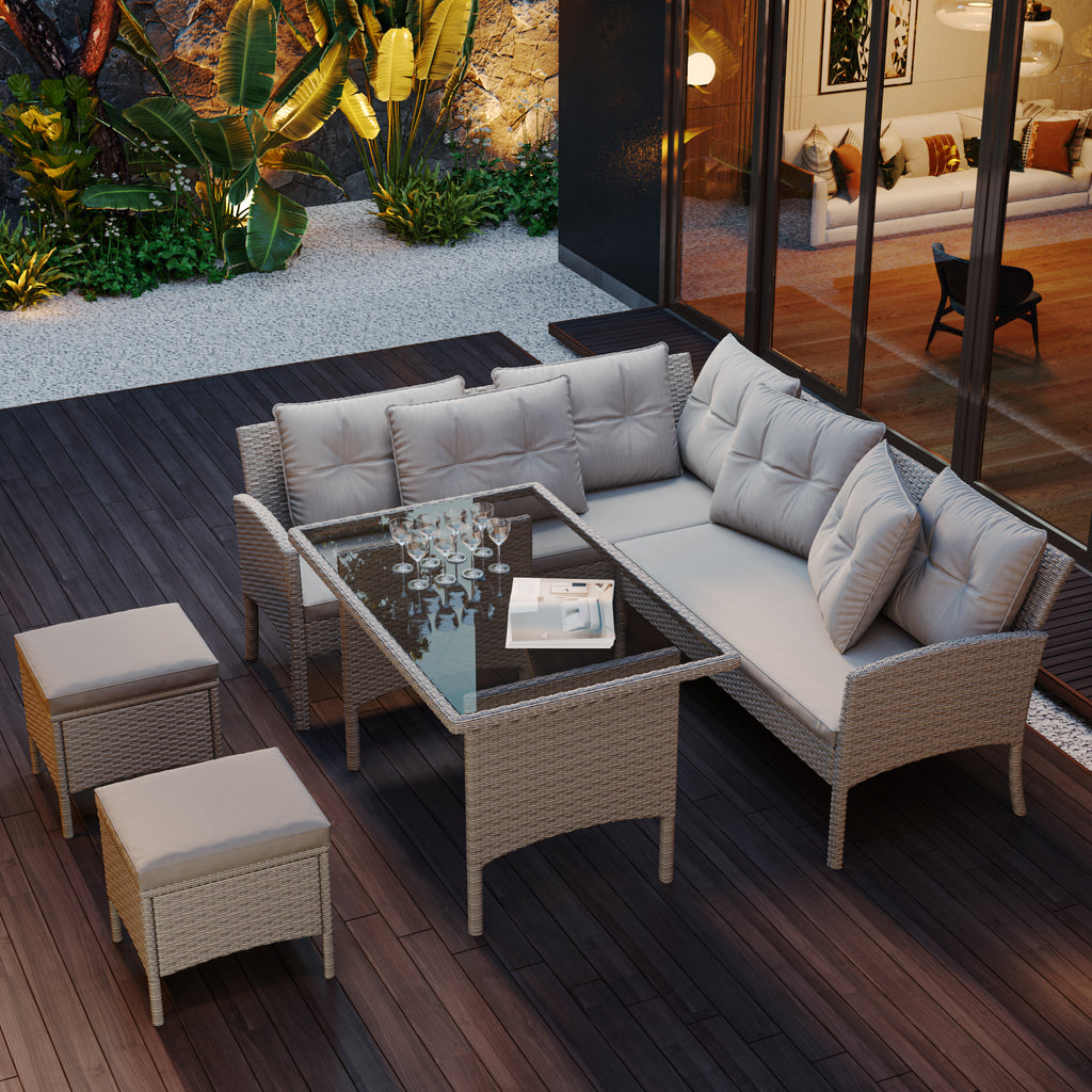 Garden Furniture Sets, Garden Sofa,Garden Corner Sofa Rattan Patio Set, 6-7 Seater Outdoor Patio Furniture,Lounge Corner Sofa Set With Table Stool, Mixed Khaki Wicker With Light Grey Cushions