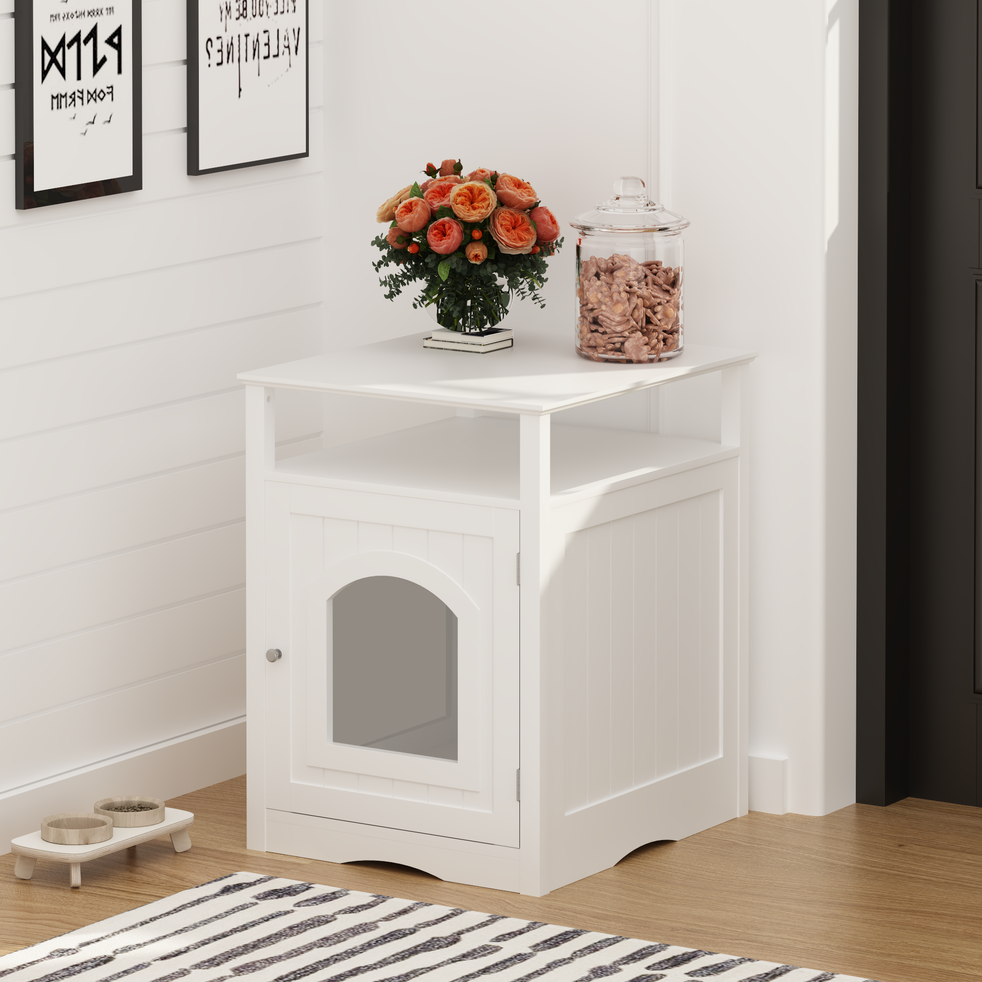 Cat Litter Box Enclosure Furniture, Indoor Wooden Cat House With Enclosed Cabinet, Hidden Litter Box Furniture With Storage Shelf, Modern Cat Condo Side Table For Living Room Or Bedroom White