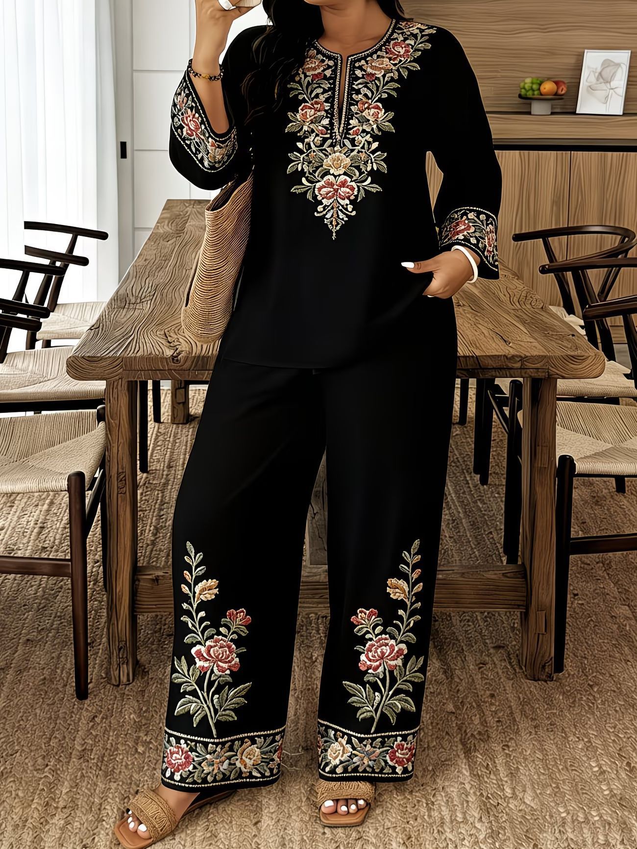Long-sleeve Lace Floral Long-sleeve Ethnic-style Middle Eastern Set