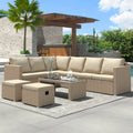 Garden Corner Sofa Set Rattan Sofa Outdoor Furniture With Coffee Table 2 Stools,Khaki