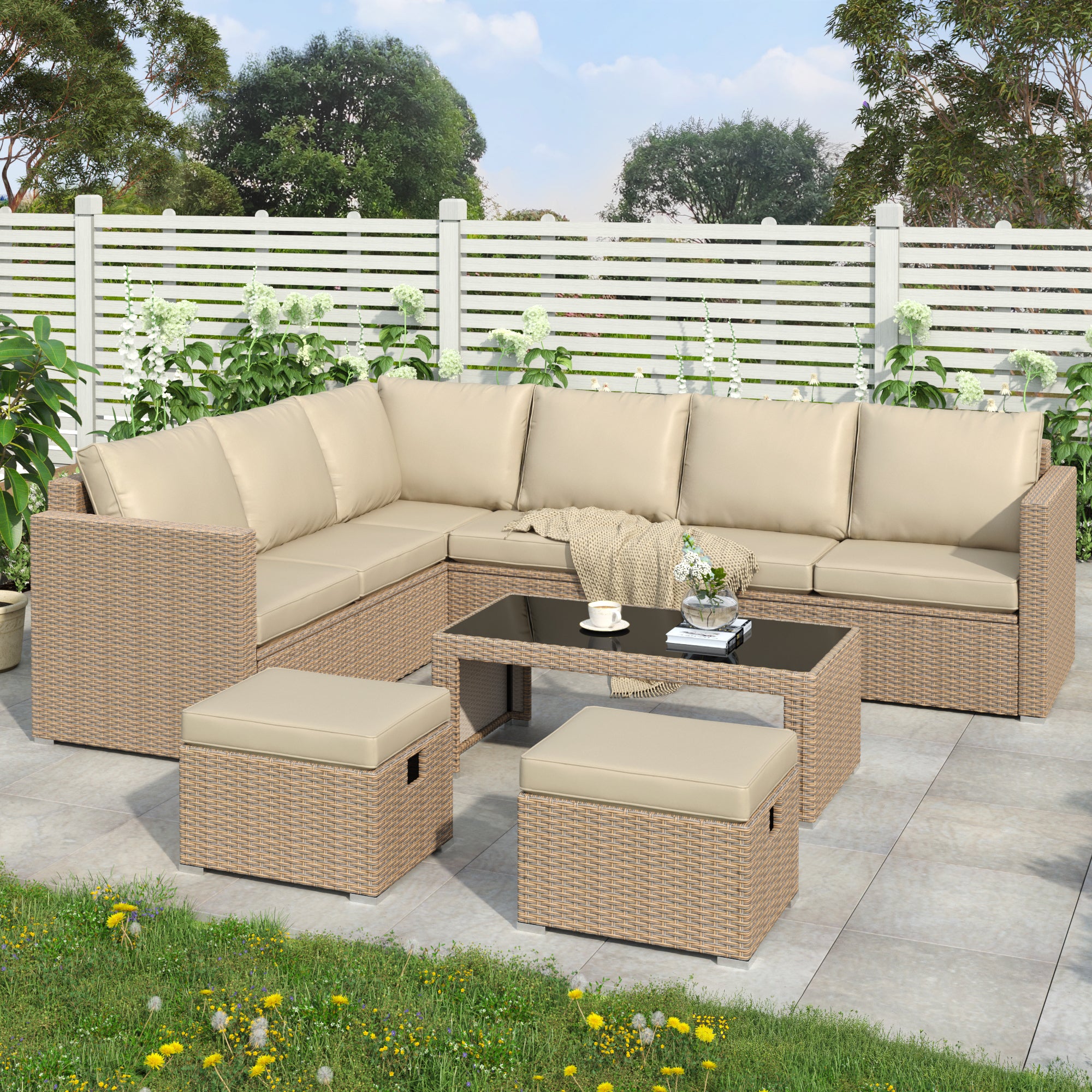 Garden Corner Sofa Set Rattan Sofa Outdoor Furniture With Coffee Table 2 Stools,Khaki