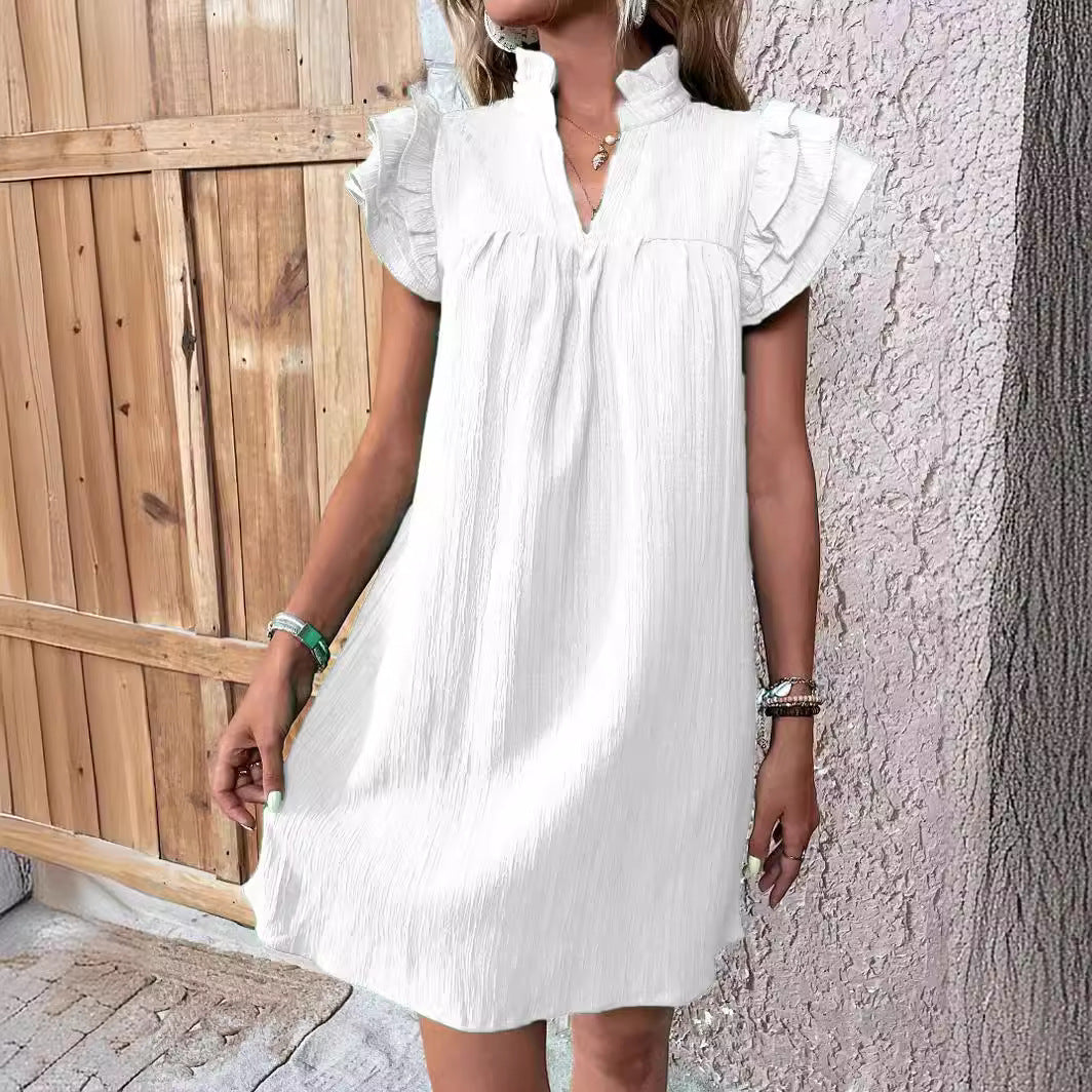 Casual Women's Multi-layer Ruffle Sleeve V-neck Dress Summer Fashion Versatile Multi-layer Lotus Leaf Sleeve V-Neck Pullover Dresses