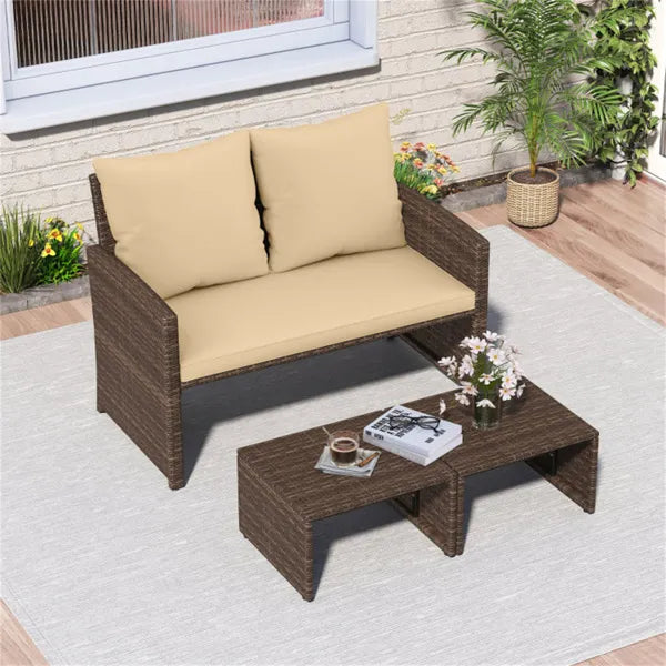 Outdoor Patio Furniture Set, PE Rattan Loveseat & 2 Ottomans Removable Cushions Metal Frame