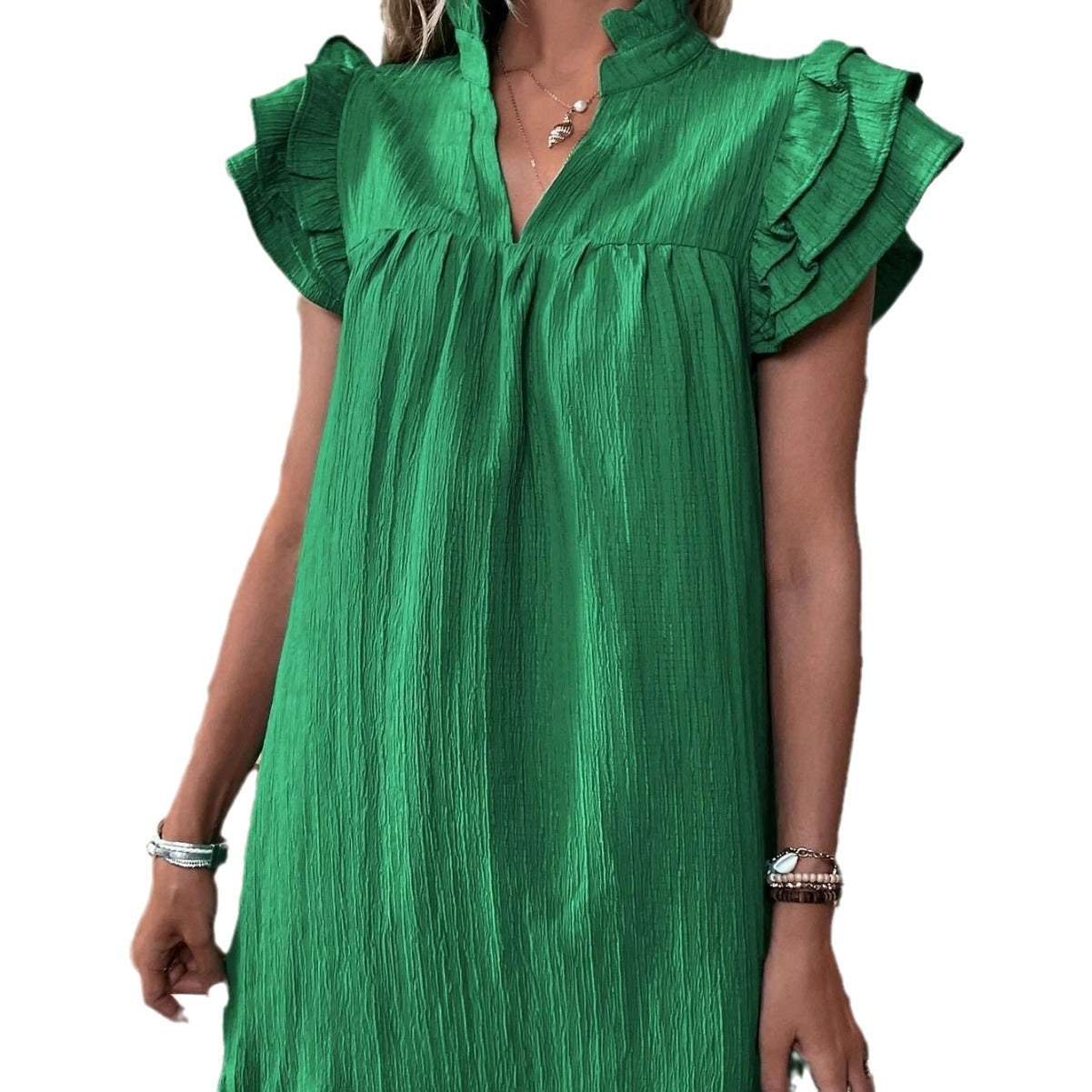 Casual Women's Multi-layer Ruffle Sleeve V-neck Dress Summer Fashion Versatile Multi-layer Lotus Leaf Sleeve V-Neck Pullover Dresses