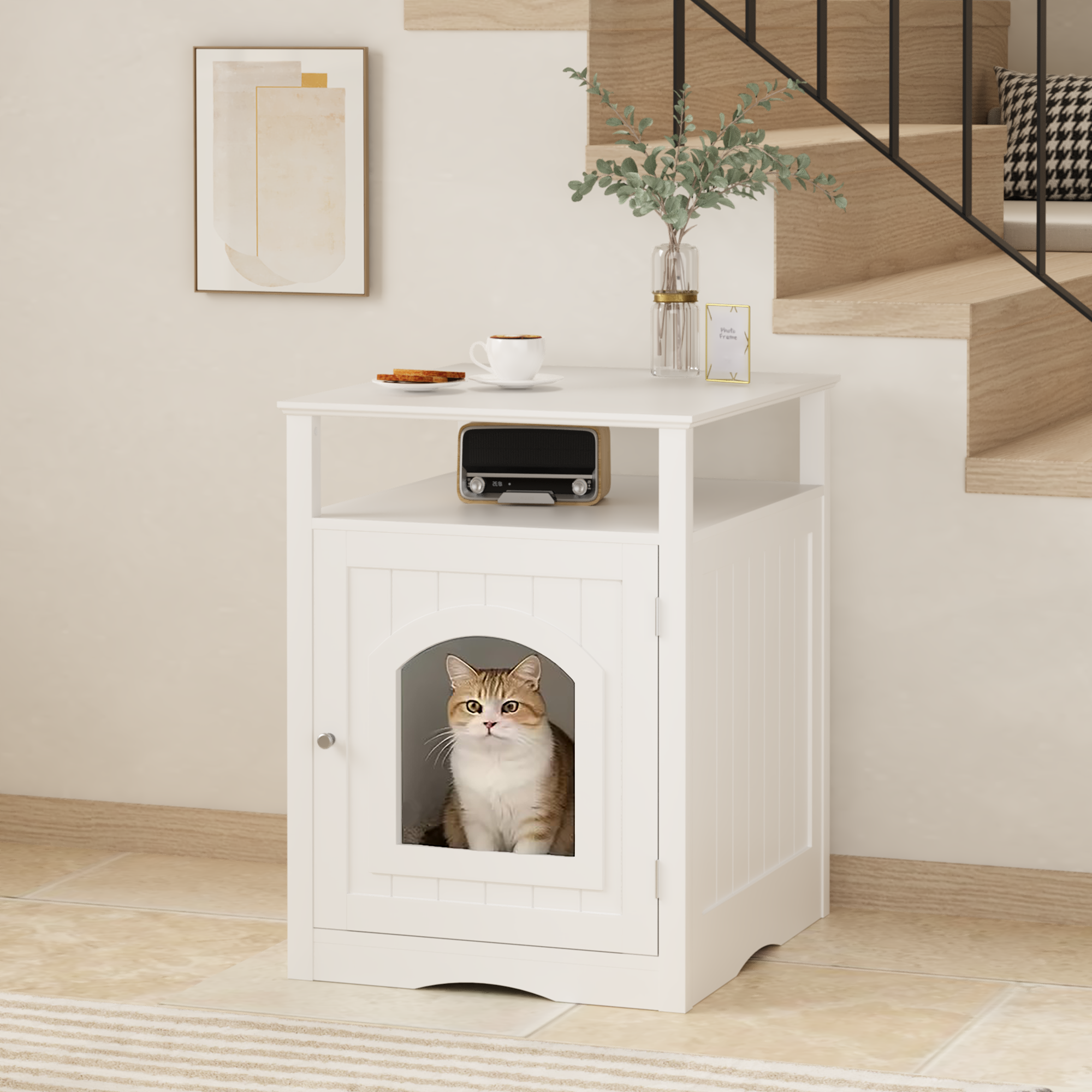 Cat Litter Box Enclosure Furniture, Indoor Wooden Cat House With Enclosed Cabinet, Hidden Litter Box Furniture With Storage Shelf, Modern Cat Condo Side Table For Living Room Or Bedroom White