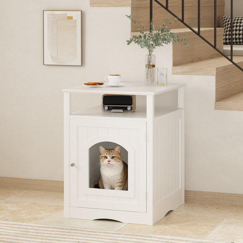 Cat Litter Box Enclosure Furniture, Indoor Wooden Cat House With Enclosed Cabinet, Hidden Litter Box Furniture With Storage Shelf, Modern Cat Condo Side Table For Living Room Or Bedroom White